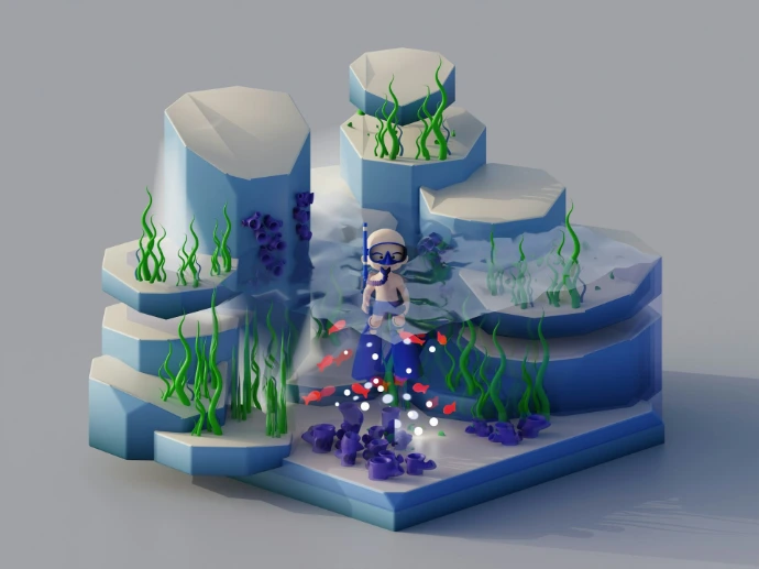 Astronaut exploring a colorful coral reef underwater